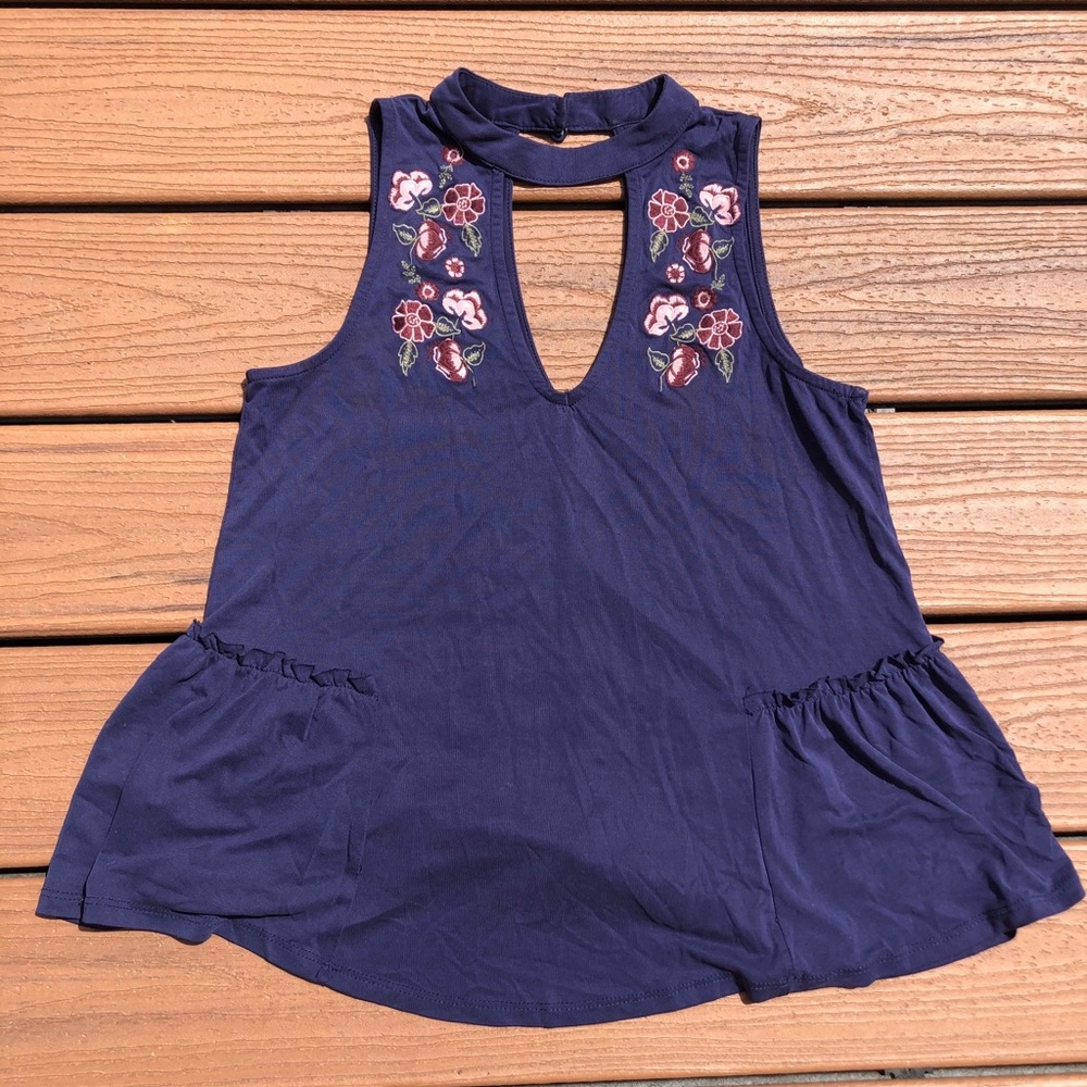 Francesca’s Embroidered High Necked Tank (Navy)